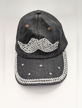 Women's Black Denim Glam Crystals/Rhinestones Mustache Adjustable Baseball Cap